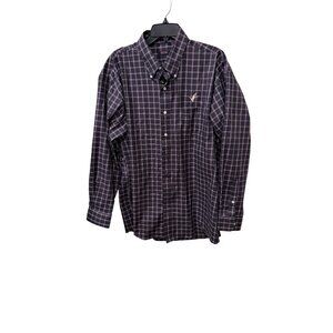 Overton Mens XL Navy Plaid Button-Down Shirt With Embroidered Duck Logo